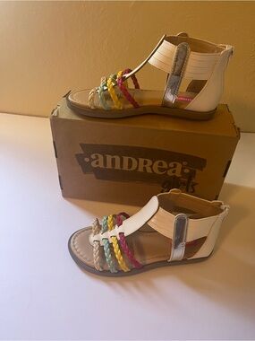 ANDREA  White Girls Sandals with Pink Yellow Green Braided Straps